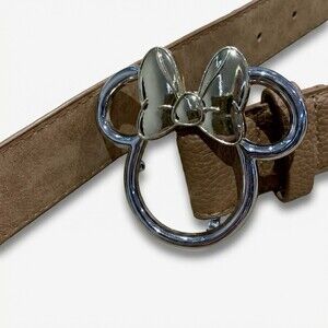 Disney Minnie Mouse Belt Brown Faux Leather W/ Silver & Gold Metal Buckle L 40”